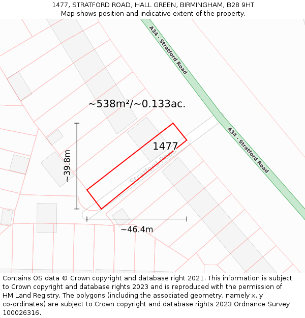 1477, STRATFORD ROAD, HALL GREEN, BIRMINGHAM, B28 9HT: Plot and title map