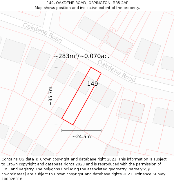 149, OAKDENE ROAD, ORPINGTON, BR5 2AP: Plot and title map