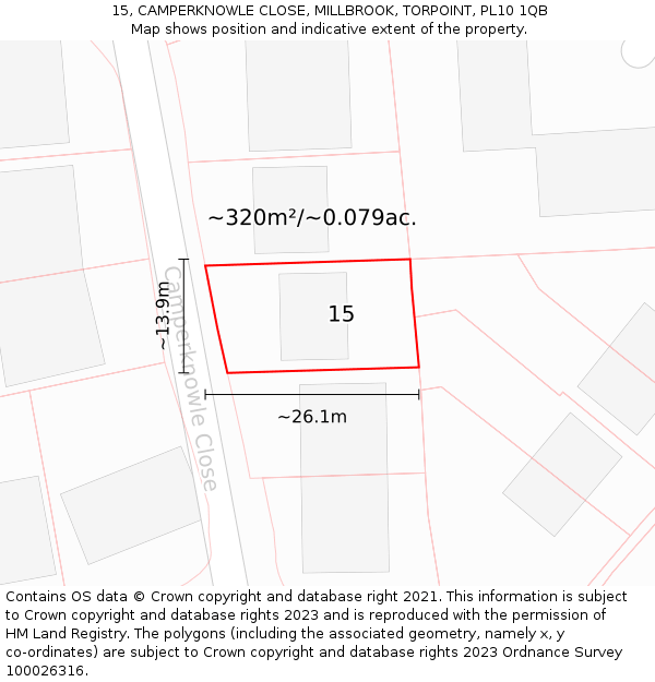 15, CAMPERKNOWLE CLOSE, MILLBROOK, TORPOINT, PL10 1QB: Plot and title map