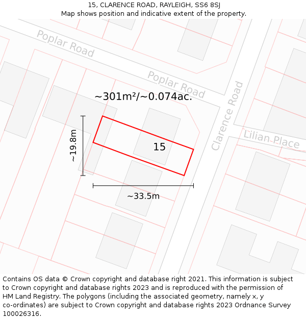 15, CLARENCE ROAD, RAYLEIGH, SS6 8SJ: Plot and title map