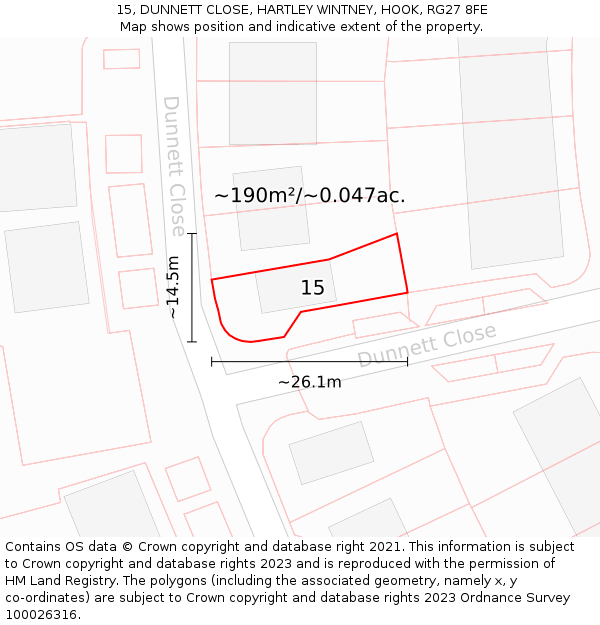 15, DUNNETT CLOSE, HARTLEY WINTNEY, HOOK, RG27 8FE: Plot and title map