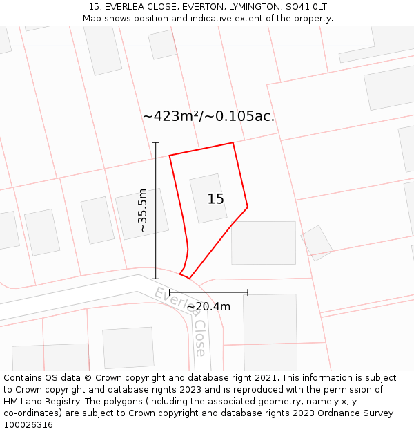 15, EVERLEA CLOSE, EVERTON, LYMINGTON, SO41 0LT: Plot and title map