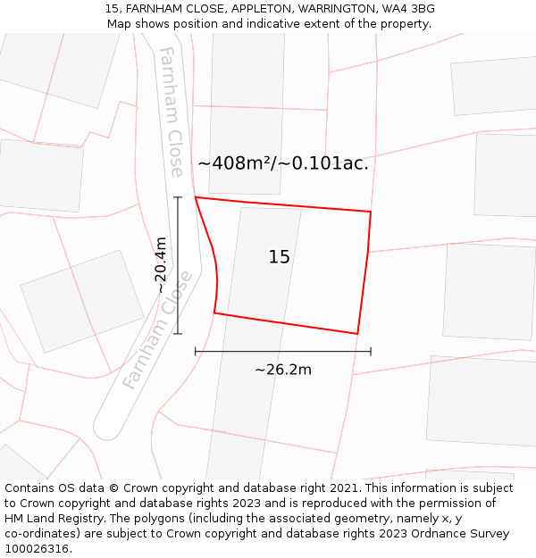 15, FARNHAM CLOSE, APPLETON, WARRINGTON, WA4 3BG: Plot and title map