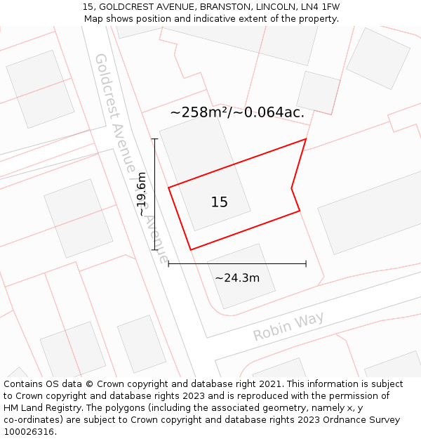 15, GOLDCREST AVENUE, BRANSTON, LINCOLN, LN4 1FW: Plot and title map