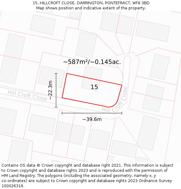 15, HILLCROFT CLOSE, DARRINGTON, PONTEFRACT, WF8 3BD: Plot and title map