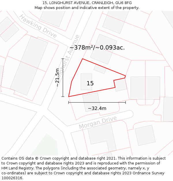 15, LONGHURST AVENUE, CRANLEIGH, GU6 8FG: Plot and title map