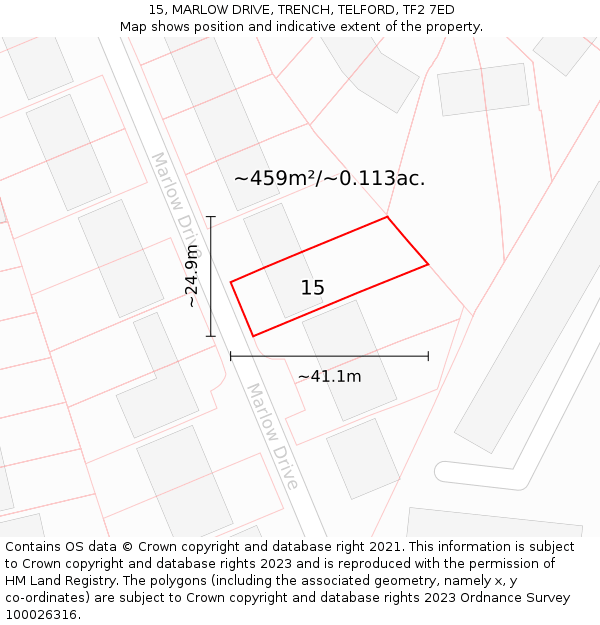 15, MARLOW DRIVE, TRENCH, TELFORD, TF2 7ED: Plot and title map