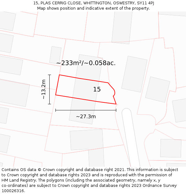 15, PLAS CERRIG CLOSE, WHITTINGTON, OSWESTRY, SY11 4PJ: Plot and title map
