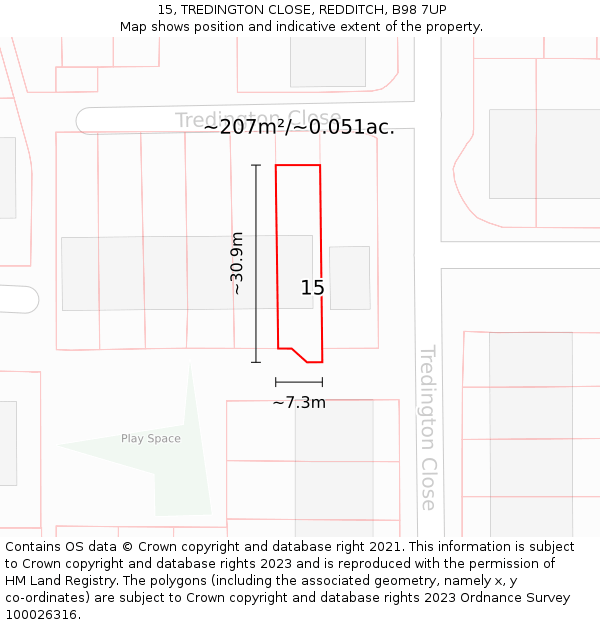 15, TREDINGTON CLOSE, REDDITCH, B98 7UP: Plot and title map