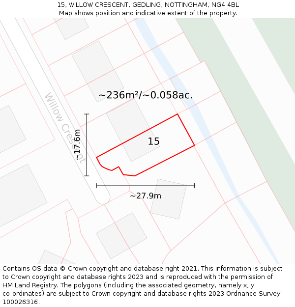 15, WILLOW CRESCENT, GEDLING, NOTTINGHAM, NG4 4BL: Plot and title map