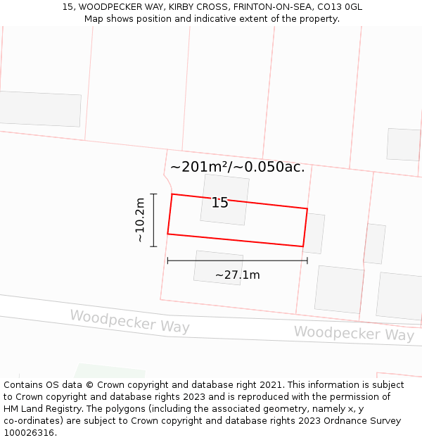 15, WOODPECKER WAY, KIRBY CROSS, FRINTON-ON-SEA, CO13 0GL: Plot and title map