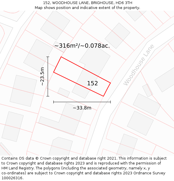 152, WOODHOUSE LANE, BRIGHOUSE, HD6 3TH: Plot and title map