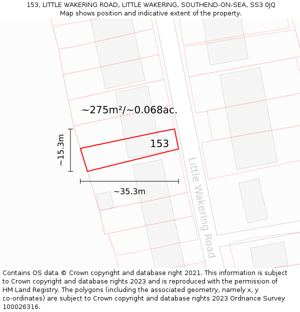 153, LITTLE WAKERING ROAD, LITTLE WAKERING, SOUTHEND-ON-SEA, SS3 0JQ: Plot and title map