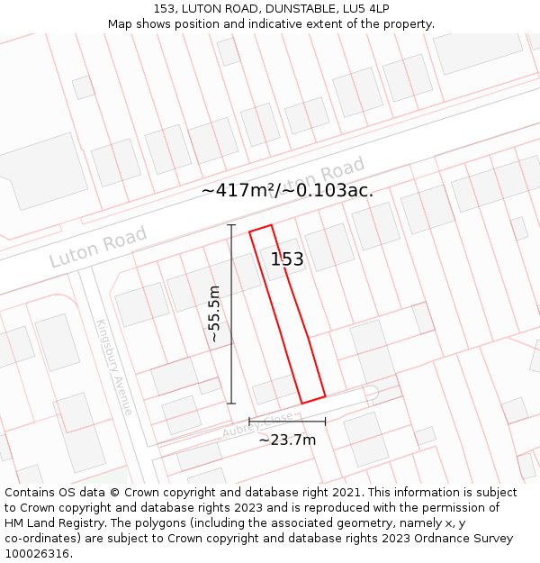 153, LUTON ROAD, DUNSTABLE, LU5 4LP: Plot and title map