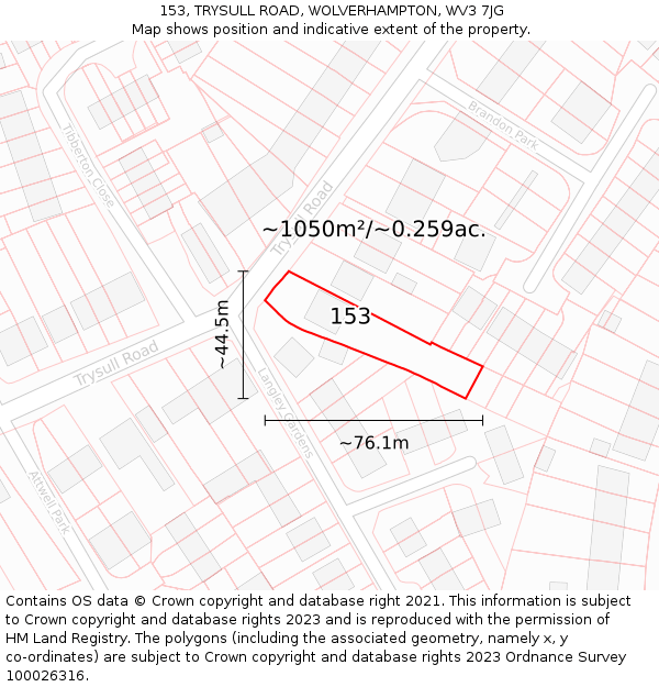 153, TRYSULL ROAD, WOLVERHAMPTON, WV3 7JG: Plot and title map