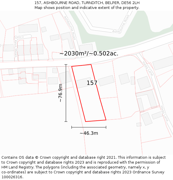 157, ASHBOURNE ROAD, TURNDITCH, BELPER, DE56 2LH: Plot and title map