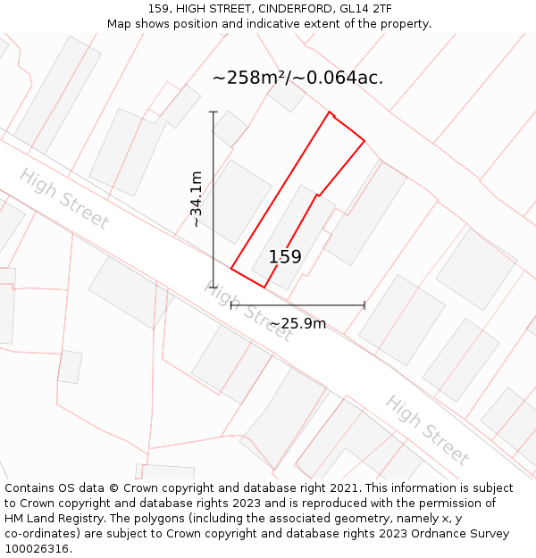 159, HIGH STREET, CINDERFORD, GL14 2TF: Plot and title map