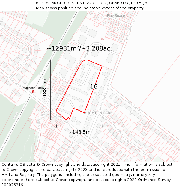 16, BEAUMONT CRESCENT, AUGHTON, ORMSKIRK, L39 5QA: Plot and title map