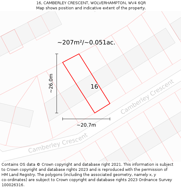 16, CAMBERLEY CRESCENT, WOLVERHAMPTON, WV4 6QR: Plot and title map
