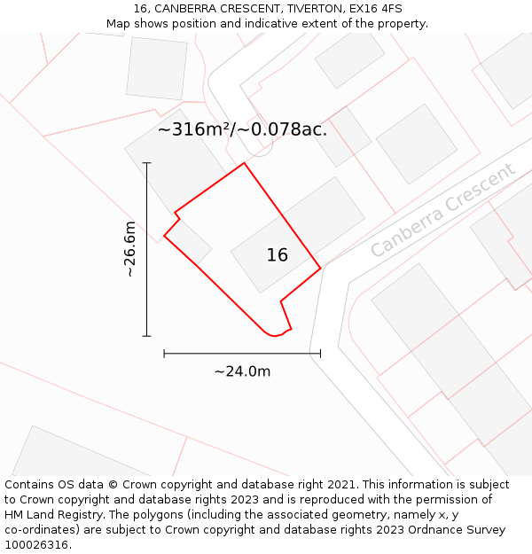 16, CANBERRA CRESCENT, TIVERTON, EX16 4FS: Plot and title map
