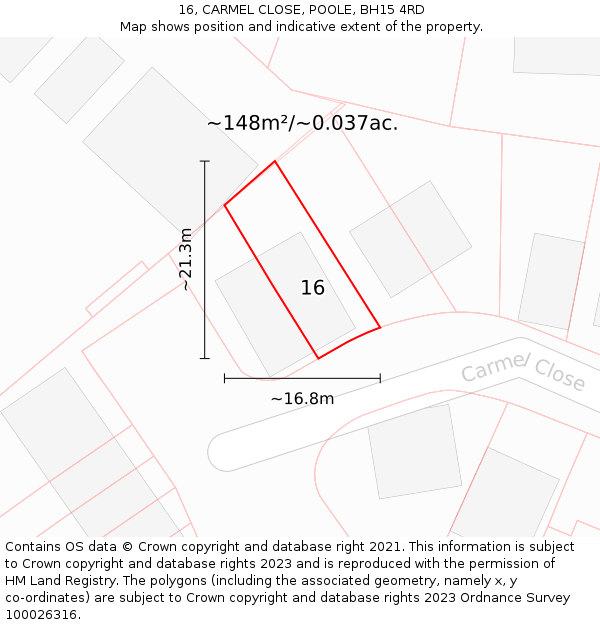 16, CARMEL CLOSE, POOLE, BH15 4RD: Plot and title map