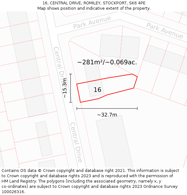16, CENTRAL DRIVE, ROMILEY, STOCKPORT, SK6 4PE: Plot and title map