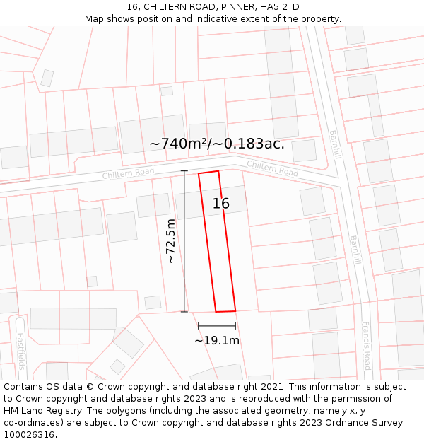 16, CHILTERN ROAD, PINNER, HA5 2TD: Plot and title map