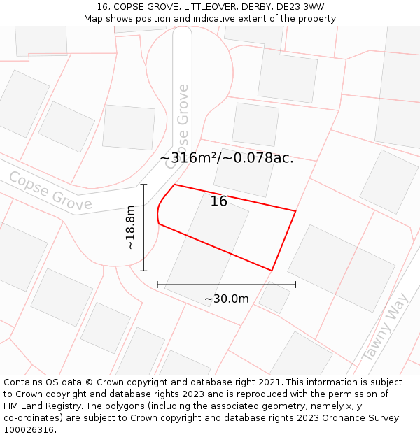16, COPSE GROVE, LITTLEOVER, DERBY, DE23 3WW: Plot and title map