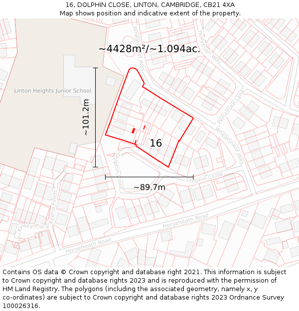 16, DOLPHIN CLOSE, LINTON, CAMBRIDGE, CB21 4XA: Plot and title map
