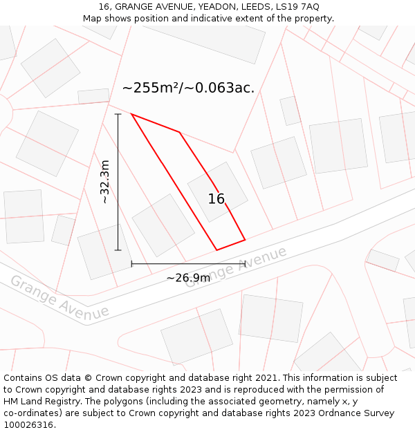 16, GRANGE AVENUE, YEADON, LEEDS, LS19 7AQ: Plot and title map