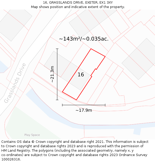 16, GRASSLANDS DRIVE, EXETER, EX1 3XY: Plot and title map