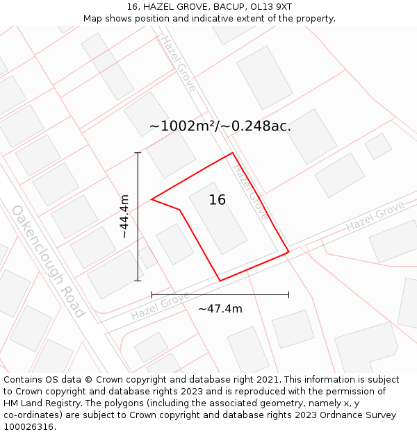 16, HAZEL GROVE, BACUP, OL13 9XT: Plot and title map