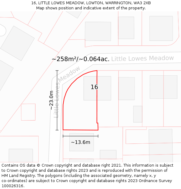 16, LITTLE LOWES MEADOW, LOWTON, WARRINGTON, WA3 2XB: Plot and title map