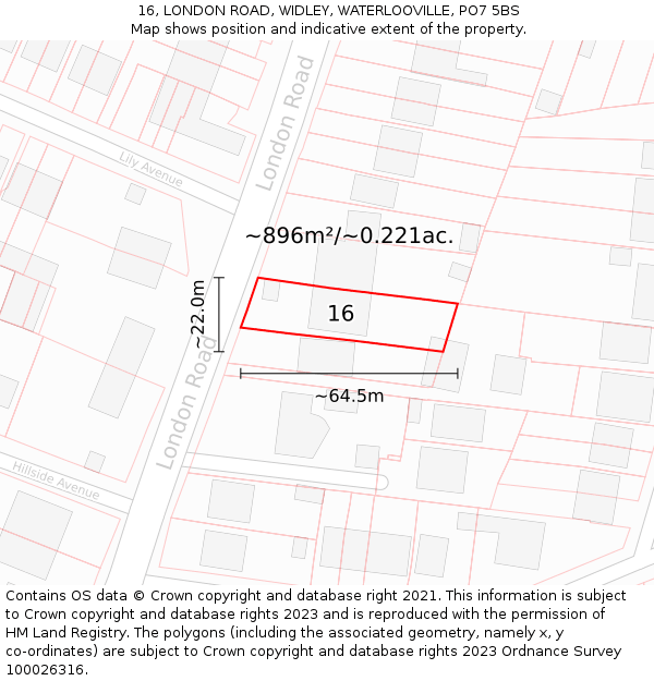 16, LONDON ROAD, WIDLEY, WATERLOOVILLE, PO7 5BS: Plot and title map