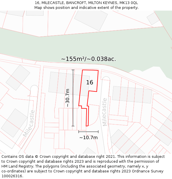 16, MILECASTLE, BANCROFT, MILTON KEYNES, MK13 0QL: Plot and title map