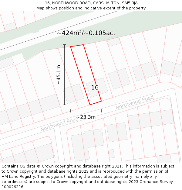 16, NORTHWOOD ROAD, CARSHALTON, SM5 3JA: Plot and title map