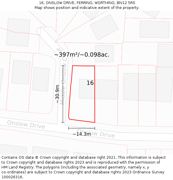 16, ONSLOW DRIVE, FERRING, WORTHING, BN12 5RS: Plot and title map
