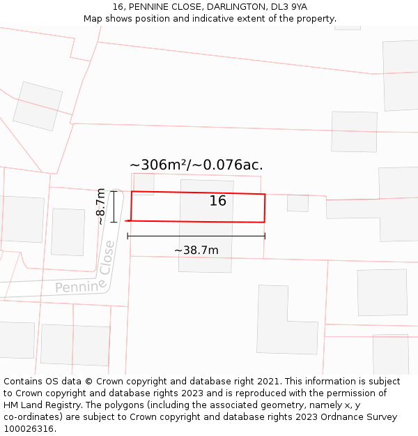 16, PENNINE CLOSE, DARLINGTON, DL3 9YA: Plot and title map