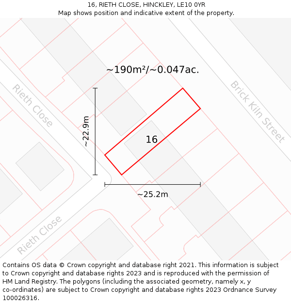 16, RIETH CLOSE, HINCKLEY, LE10 0YR: Plot and title map