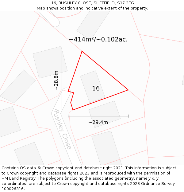 16, RUSHLEY CLOSE, SHEFFIELD, S17 3EG: Plot and title map