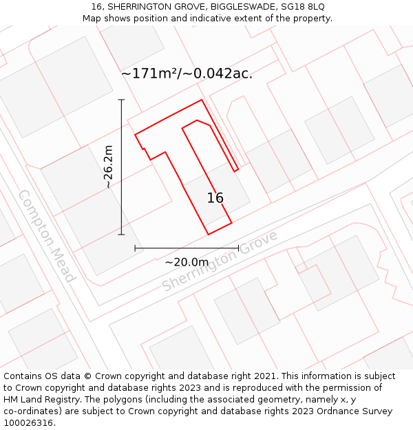 16, SHERRINGTON GROVE, BIGGLESWADE, SG18 8LQ: Plot and title map