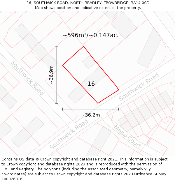 16, SOUTHWICK ROAD, NORTH BRADLEY, TROWBRIDGE, BA14 0SD: Plot and title map