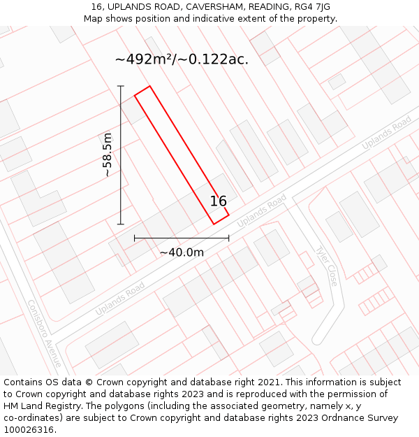 16, UPLANDS ROAD, CAVERSHAM, READING, RG4 7JG: Plot and title map