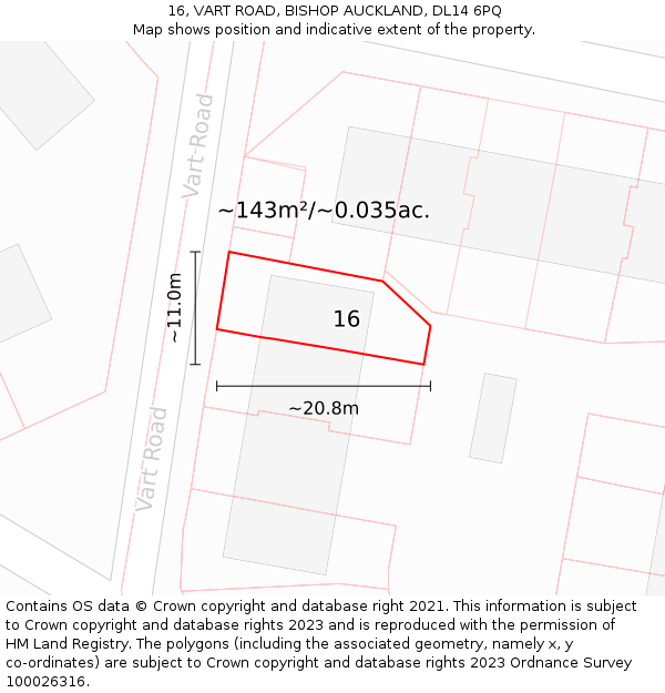 16, VART ROAD, BISHOP AUCKLAND, DL14 6PQ: Plot and title map