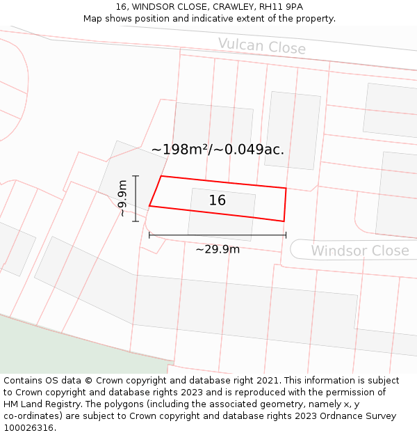 16, WINDSOR CLOSE, CRAWLEY, RH11 9PA: Plot and title map