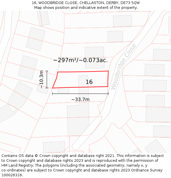 16, WOODBRIDGE CLOSE, CHELLASTON, DERBY, DE73 5QW: Plot and title map