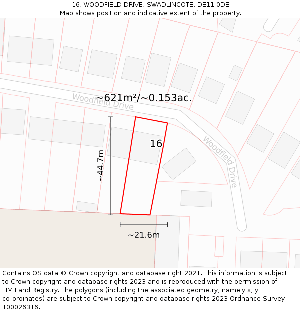 16, WOODFIELD DRIVE, SWADLINCOTE, DE11 0DE: Plot and title map