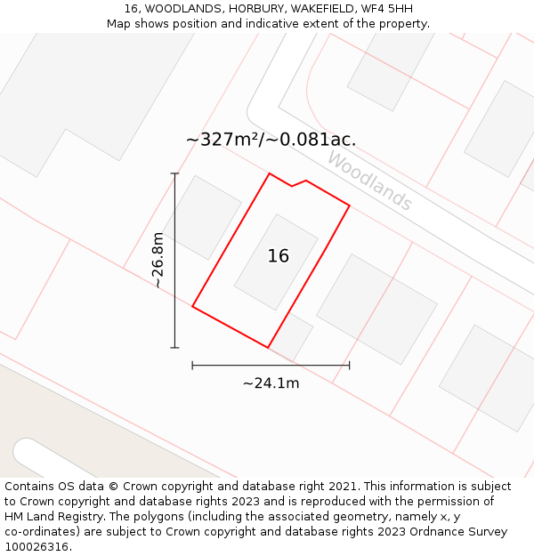 16, WOODLANDS, HORBURY, WAKEFIELD, WF4 5HH: Plot and title map