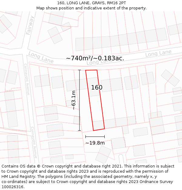 160, LONG LANE, GRAYS, RM16 2PT: Plot and title map