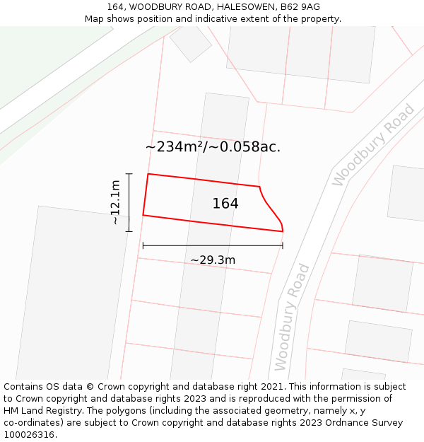 164, WOODBURY ROAD, HALESOWEN, B62 9AG: Plot and title map
